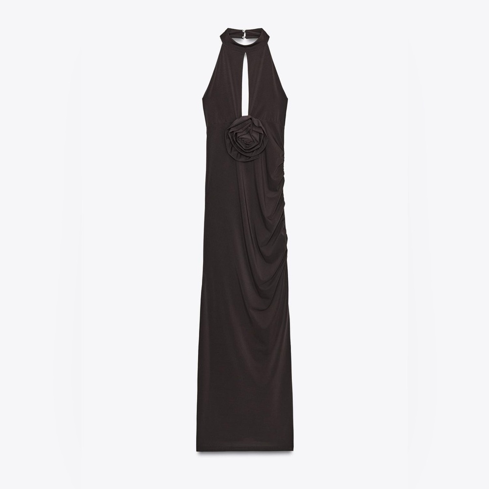 NWT Zara Halter Slit Dress With Flower Chocolate Brown Color Size S/XS